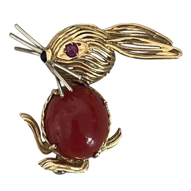 6647- Broche Lapin Or Jaune Corail Rubis Onyx Années 1970