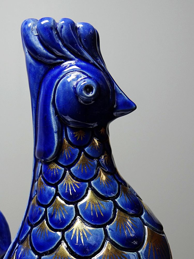 Pair of glazed ceramic rooster candlesticks, signed A.G Roger year 1948
