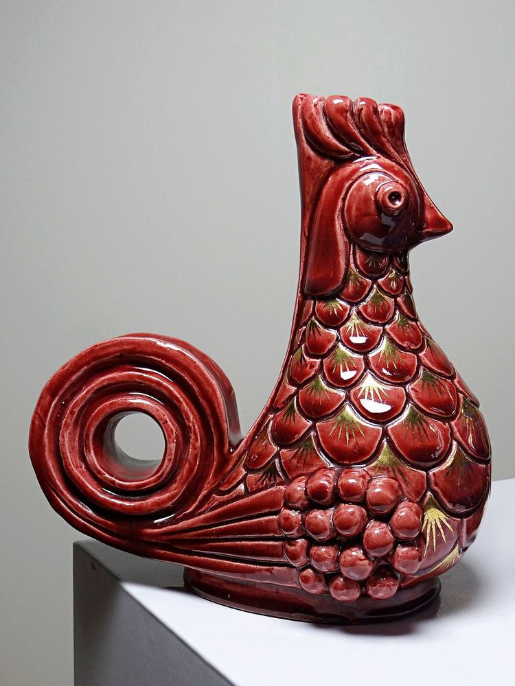Pair of glazed ceramic rooster candlesticks, signed A.G Roger year 1948