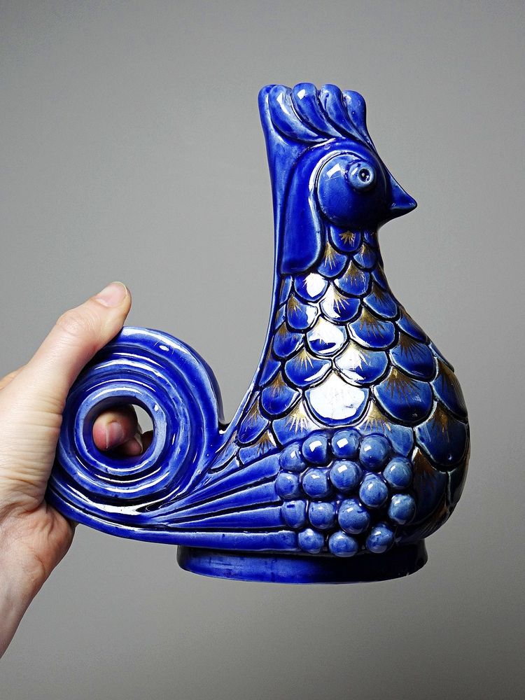 Pair of glazed ceramic rooster candlesticks, signed A.G Roger year 1948