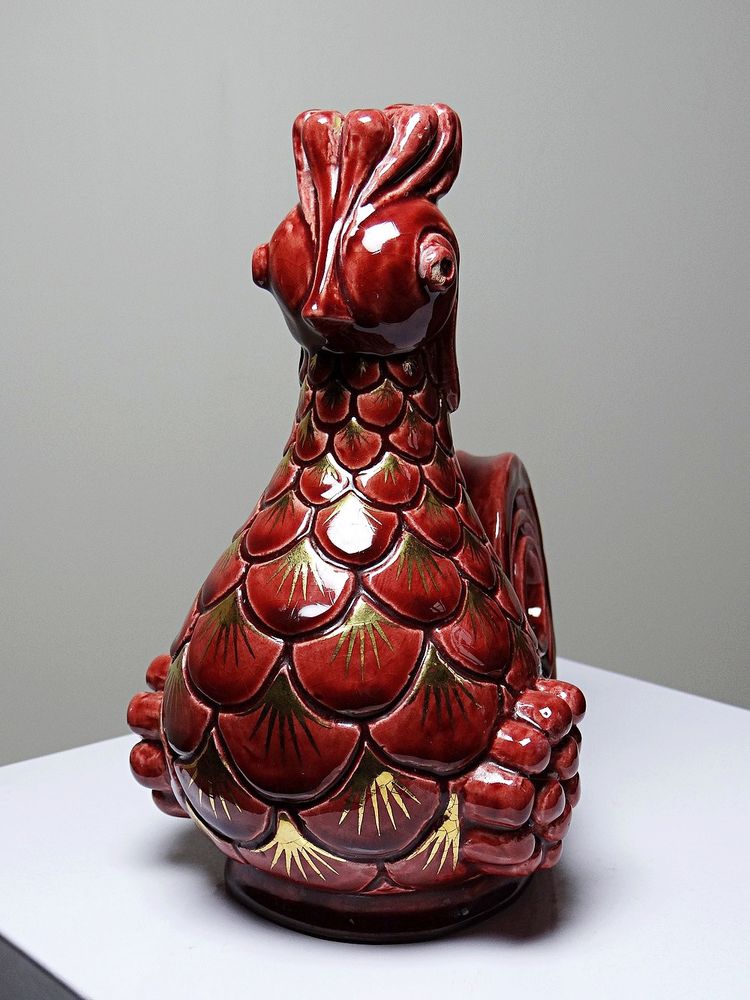 Pair of glazed ceramic rooster candlesticks, signed A.G Roger year 1948