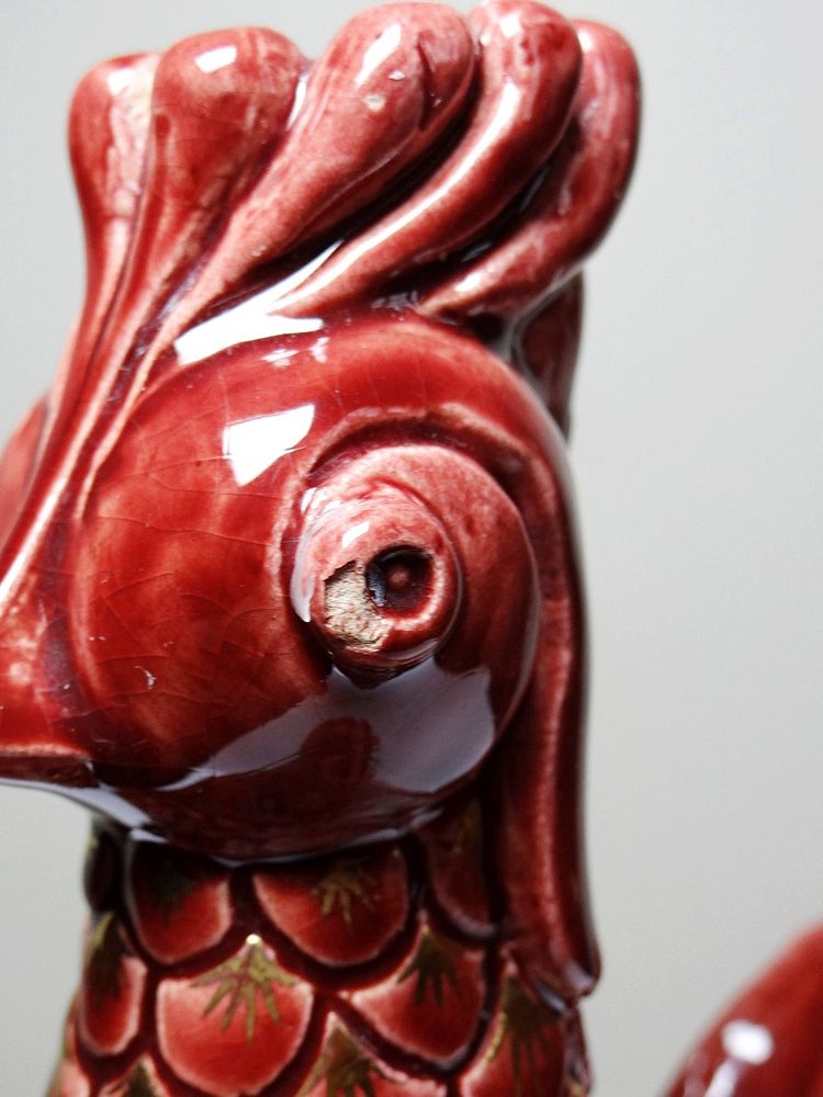 Pair of glazed ceramic rooster candlesticks, signed A.G Roger year 1948