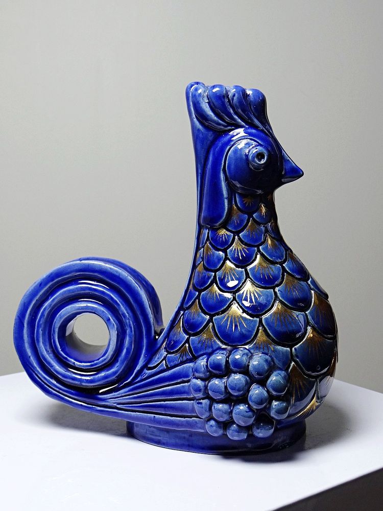 Pair of glazed ceramic rooster candlesticks, signed A.G Roger year 1948