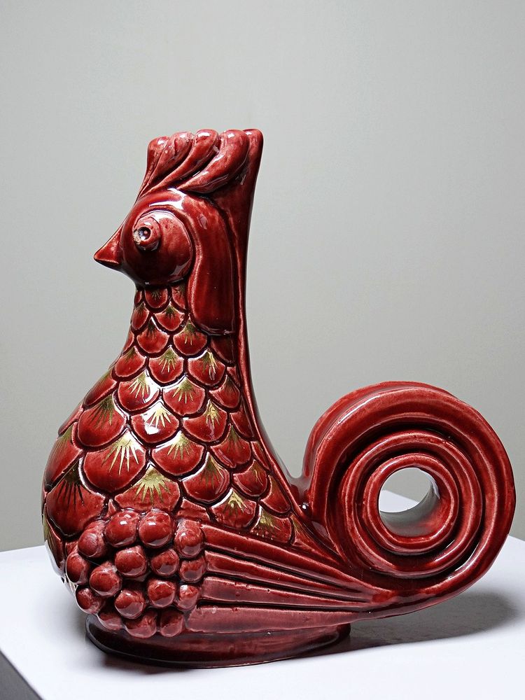 Pair of glazed ceramic rooster candlesticks, signed A.G Roger year 1948