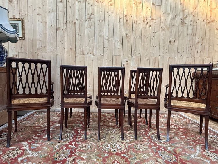 Suite of 8 Louis XVI seats in solid mahogany, canework