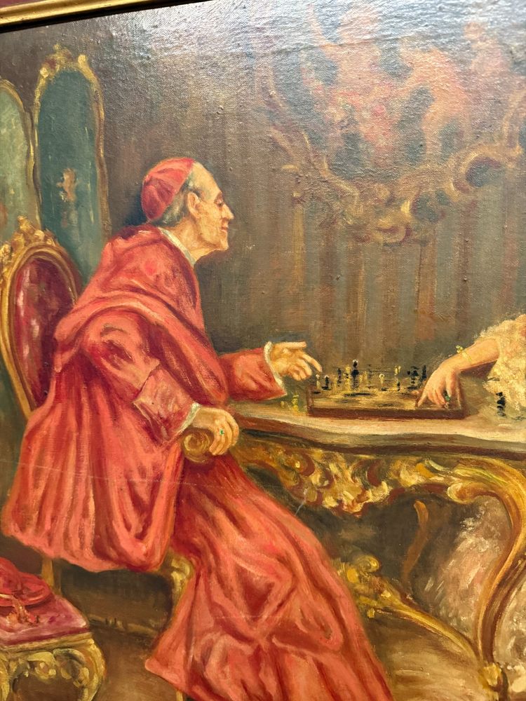 Peinture à l'huile sur toile Cardinal et Dame jouent aux échecs 96x76, Mironi 1950