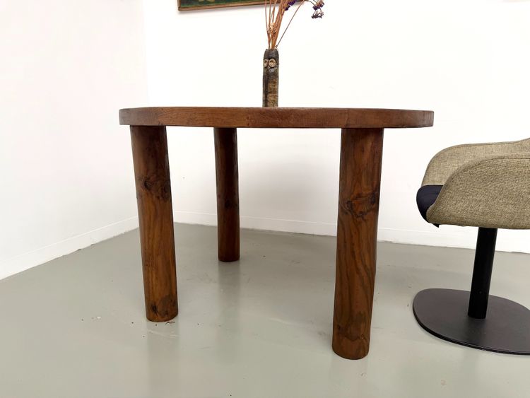 Modernistischer runder Tisch aus massiver Eiche, zylindrisches Gestell aus Kiefer, DLG Perriand, Chapo, 50er Jahre
