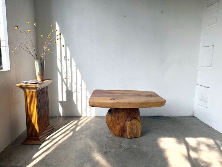 Organic Brutalist coffee table in solid cedar, trunk pedestal, 1970s