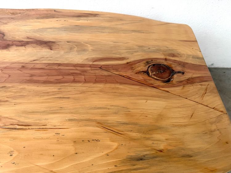 Organic Brutalist coffee table in solid cedar, trunk pedestal, 1970s