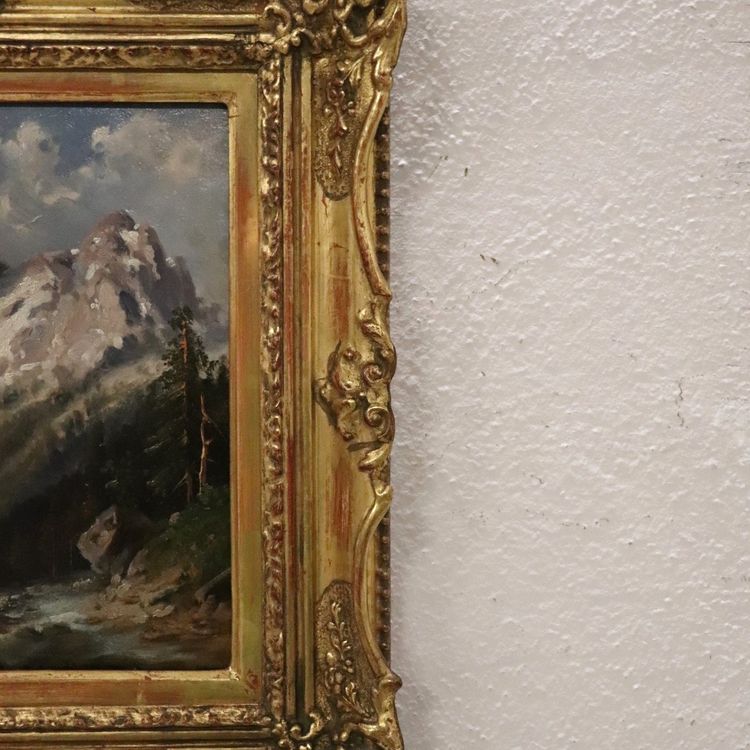 Paesaggio montano, dipinto a olio su tavola.