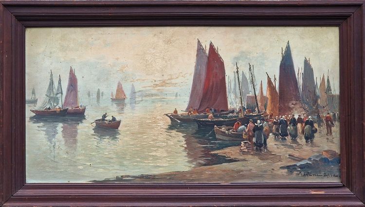 Large painting Breton seascape the arrival of fishermen in port by Mariette Lefevre Defive