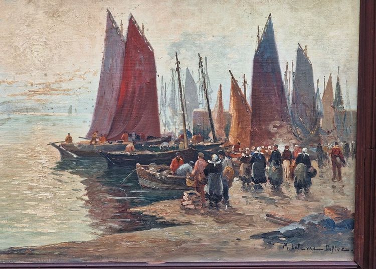 Large painting Breton seascape the arrival of fishermen in port by Mariette Lefevre Defive