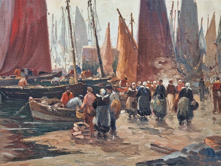 Large painting Breton seascape the arrival of fishermen in port by Mariette Lefevre Defive