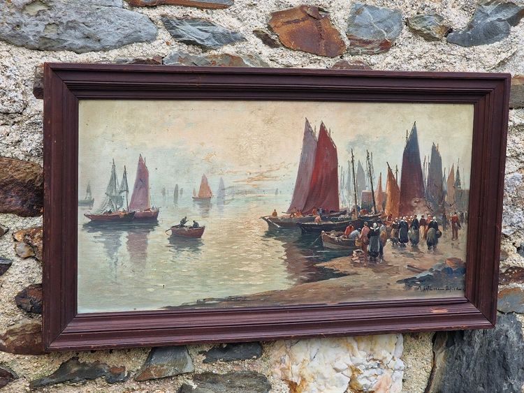 Large painting Breton seascape the arrival of fishermen in port by Mariette Lefevre Defive