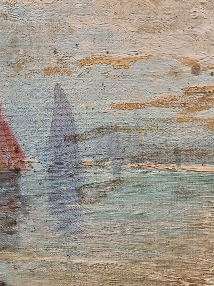 Large painting Breton seascape the arrival of fishermen in port by Mariette Lefevre Defive