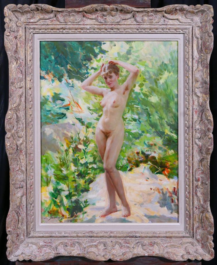 Lucien Grandgérard 1880-1970 Femme nue au jardin, tableau 1940 académie post-impressionnisme