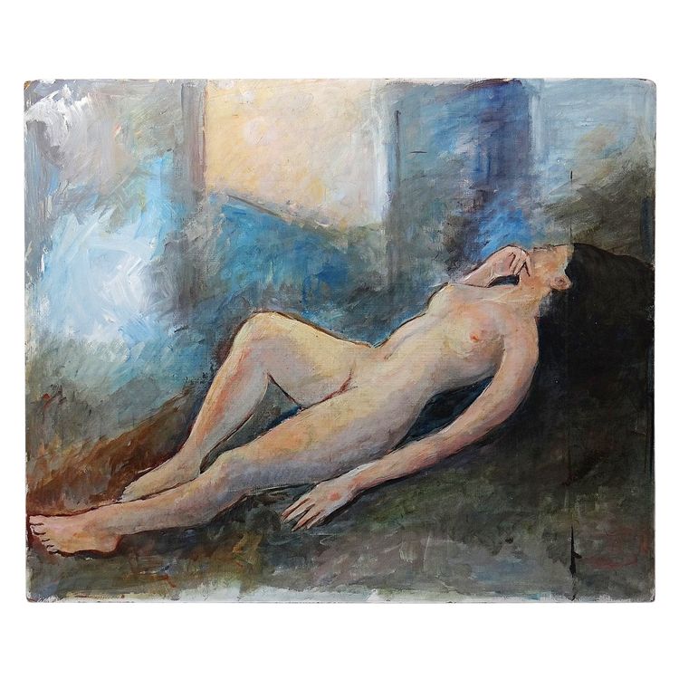 Grande dipinto di nudo di donna sdraiata, pittura a olio moderna vintage