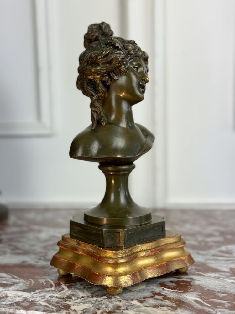 BUSTE DE JEUNE FEMME EN BRONZE A PATINE VERTE SIGNÉ " CLODION 1738 - 1814 "