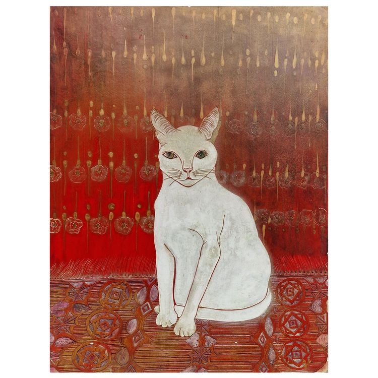 Important panneau en laque art déco chat blanc au tapis persan rouge khao manee thailande