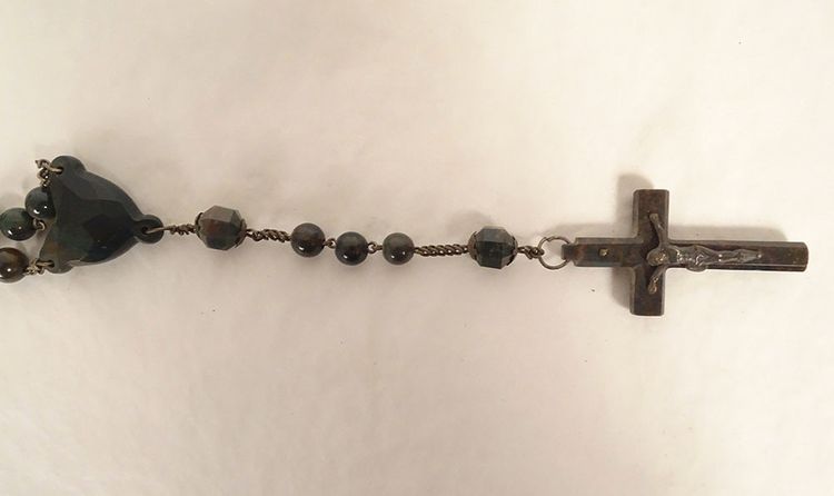 19th century agate moss rosary, metal cross, crucifix, chalice