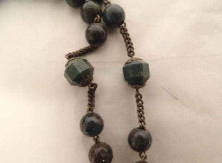 19th century agate moss rosary, metal cross, crucifix, chalice
