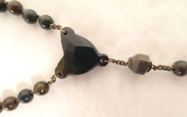 19th century agate moss rosary, metal cross, crucifix, chalice