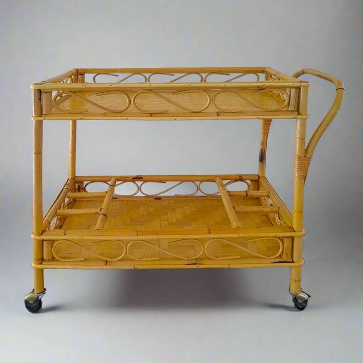 Squisito carrello bar italiano in bambù e rattan degli anni '60 di Franco Albini - Carrello di metà secolo
