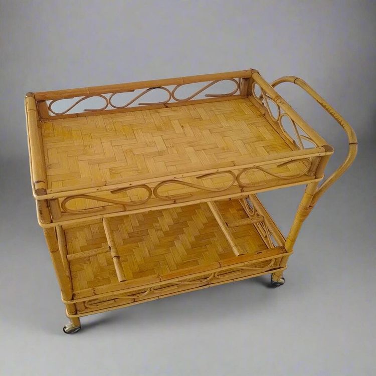 Squisito carrello bar italiano in bambù e rattan degli anni '60 di Franco Albini - Carrello di metà secolo