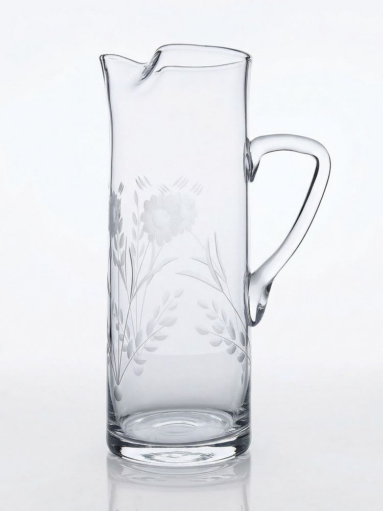 Pichet ancien cristal/verre soufflé gravé à décor floral, Europe 1920-1930