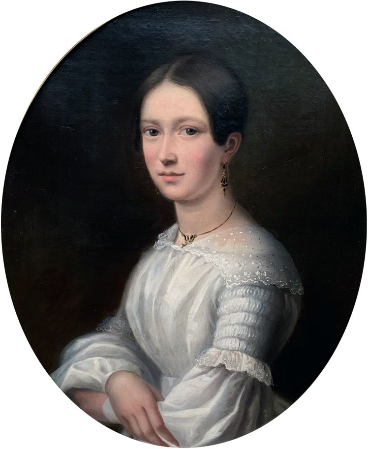 Portrait classique de jeune femme – signé J. Hallez | huile sur toile | présentation ovale
