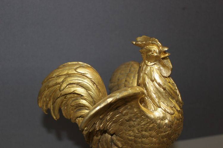 Skulptur eines Hahns aus vergoldeter Bronze, Ende des 19. Jahrhunderts