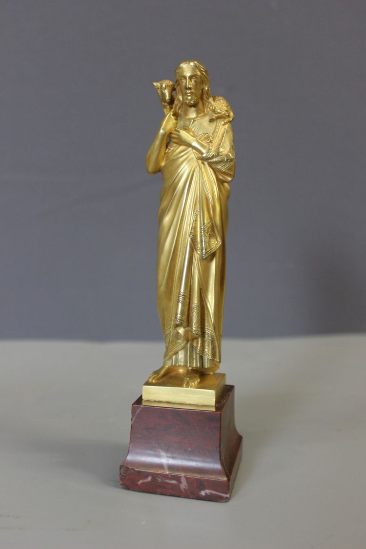 Vergoldete Bronzeskulptur von Christus dem Guten Hirten, um 1900