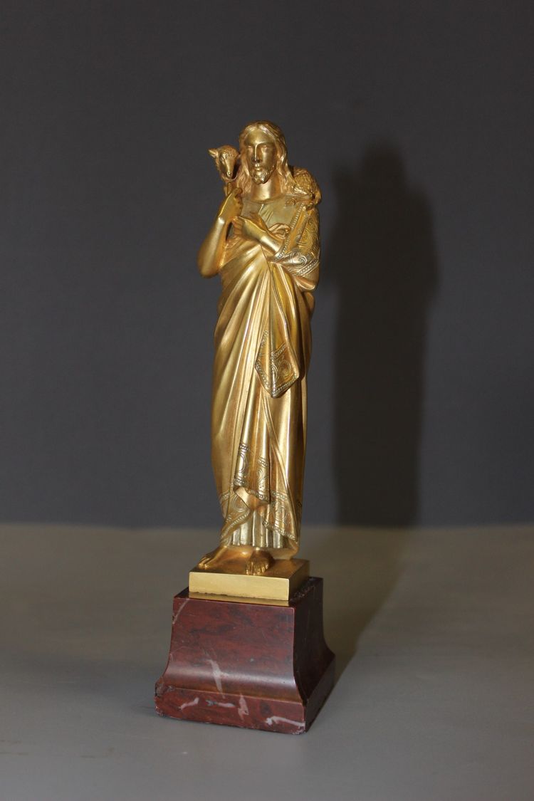 Vergoldete Bronzeskulptur von Christus dem Guten Hirten, um 1900