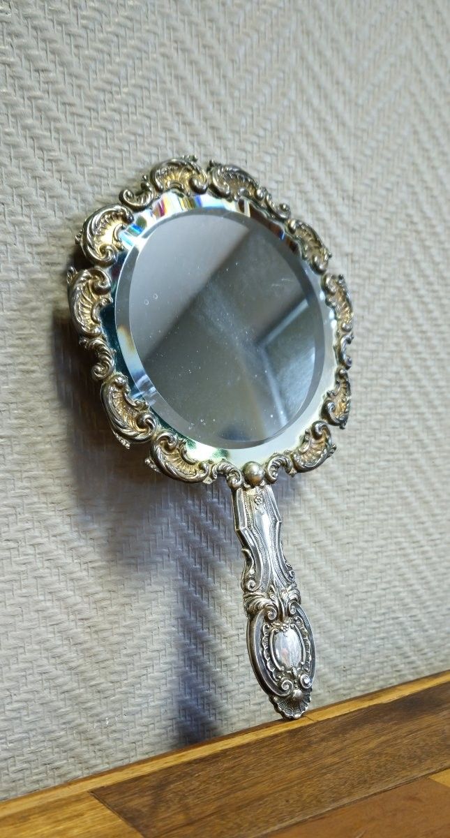 Antique silver-plated hand mirror – Louis XV Rococo style – Shell and scroll decoration