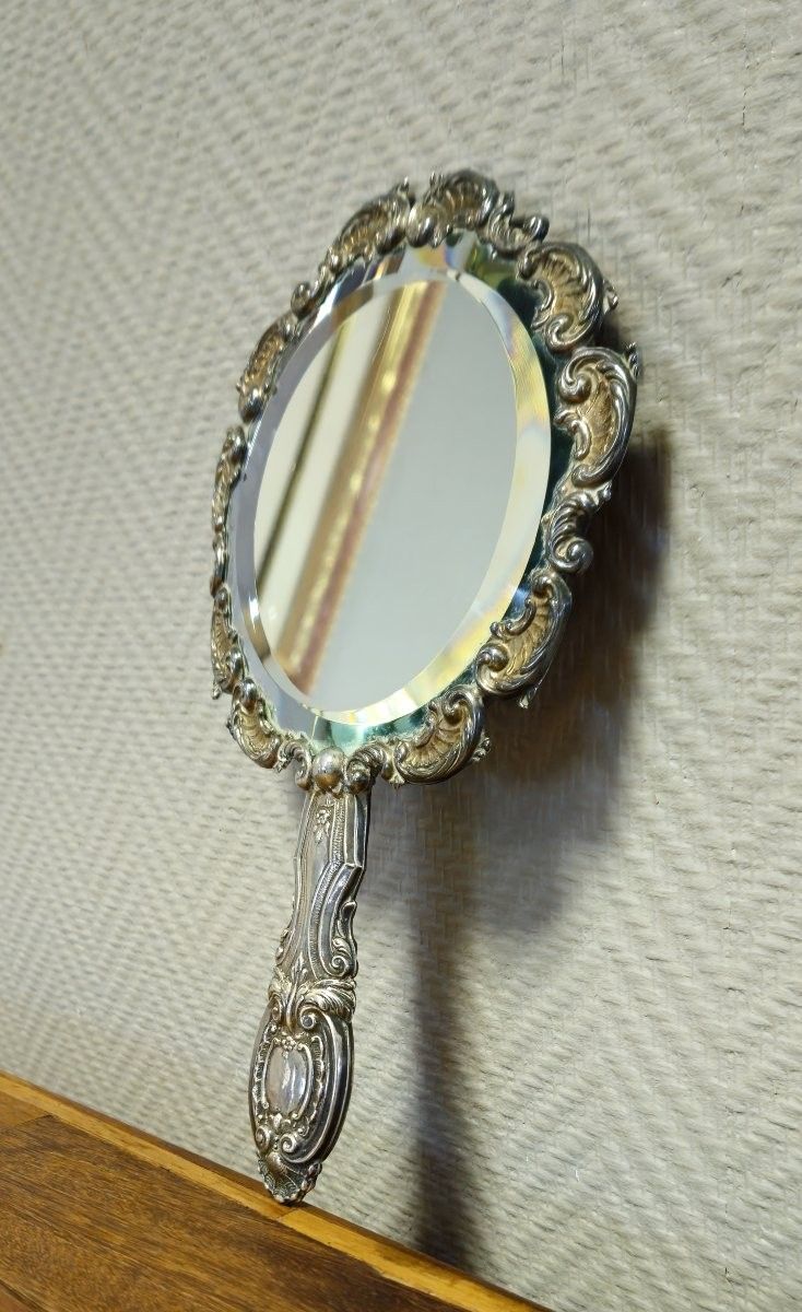 Antique silver-plated hand mirror – Louis XV Rococo style – Shell and scroll decoration