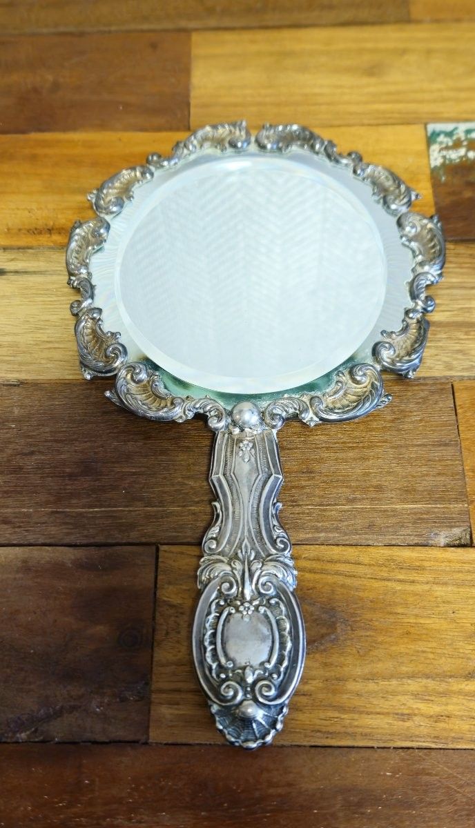 Antique silver-plated hand mirror – Louis XV Rococo style – Shell and scroll decoration