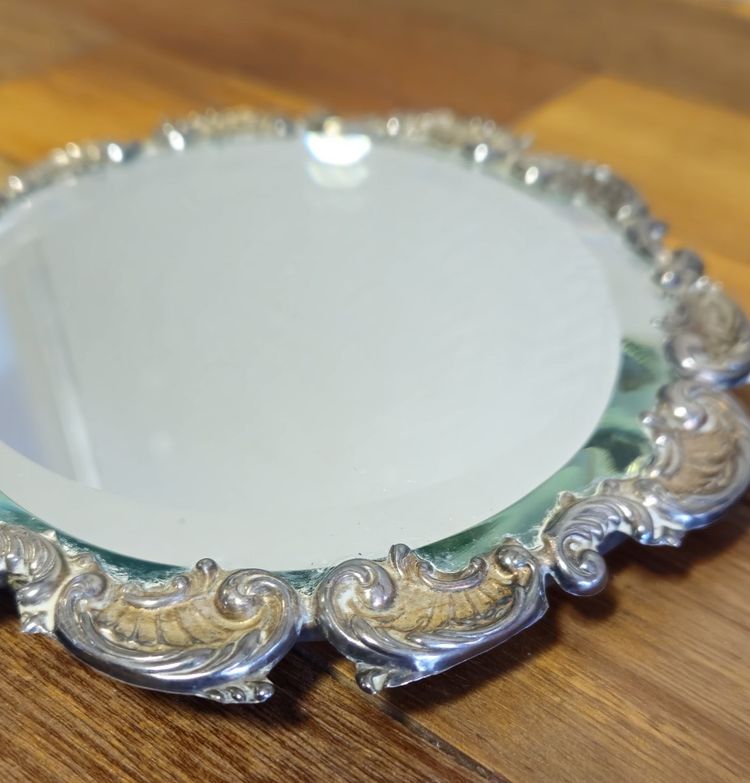 Antique silver-plated hand mirror – Louis XV Rococo style – Shell and scroll decoration