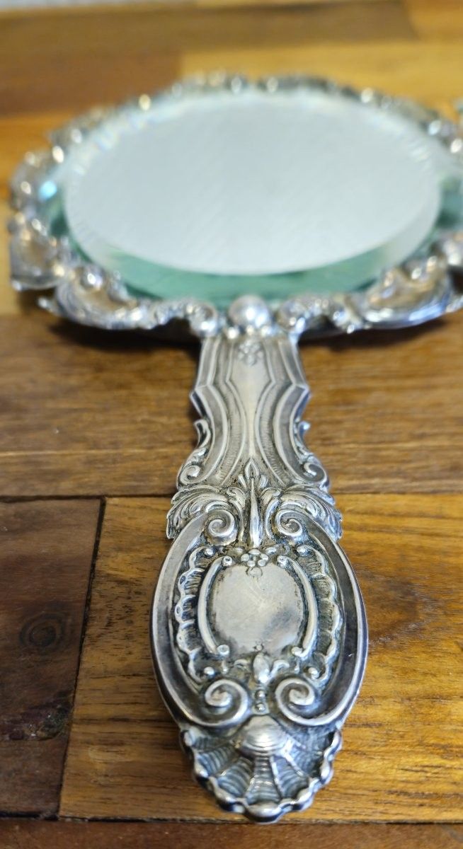 Antique silver-plated hand mirror – Louis XV Rococo style – Shell and scroll decoration