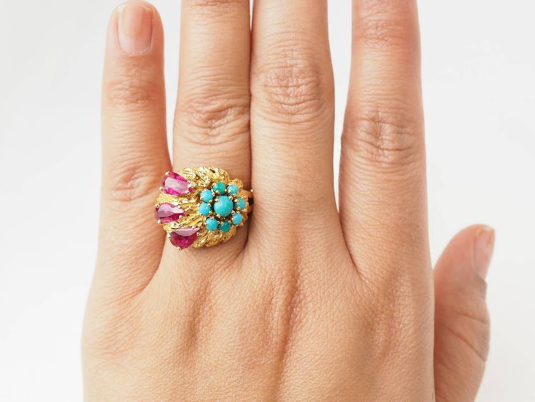 Bague ancienne fleur en or jaune 18 carats rubis et turquoises 