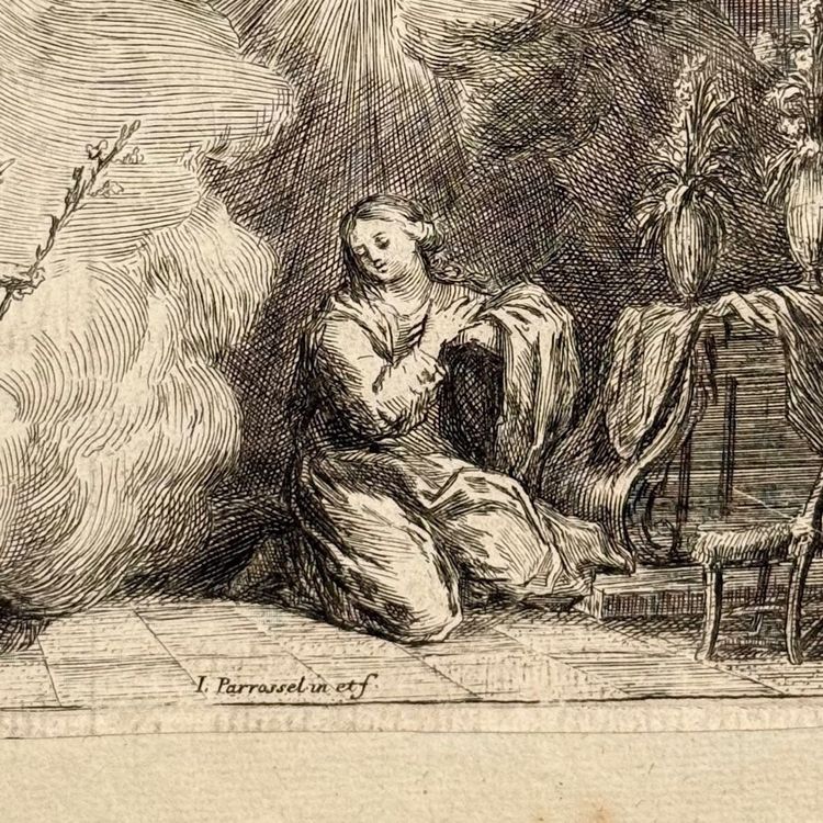 Gravure XVIIe représentant l'Annonciation par Parrorsel