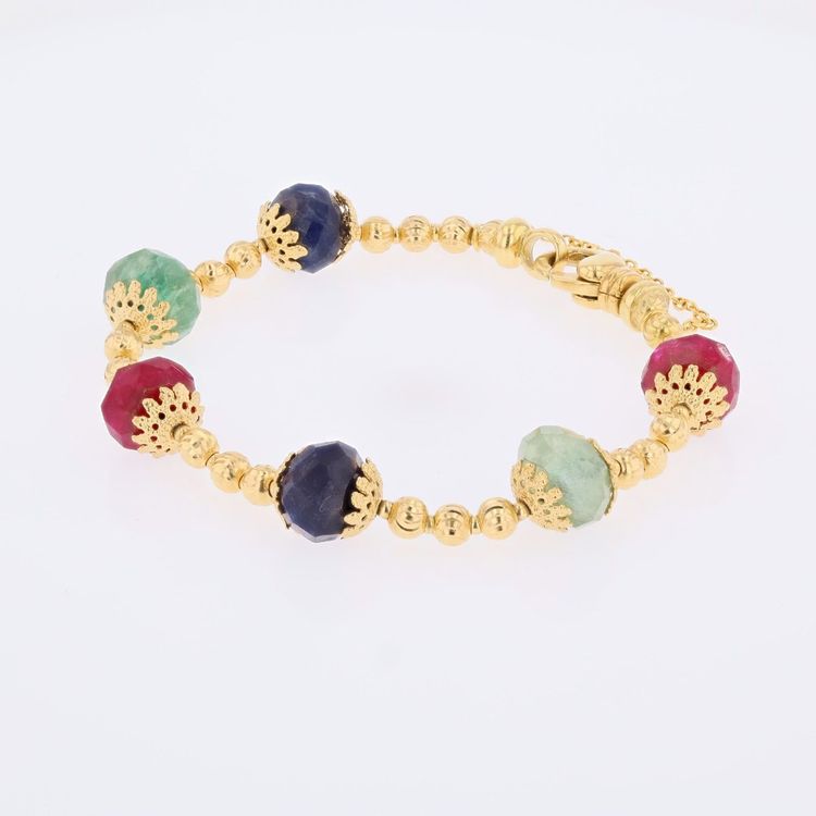 Yellow Gold Bracelet With Ruby, Sapphire, And Emerald Beads