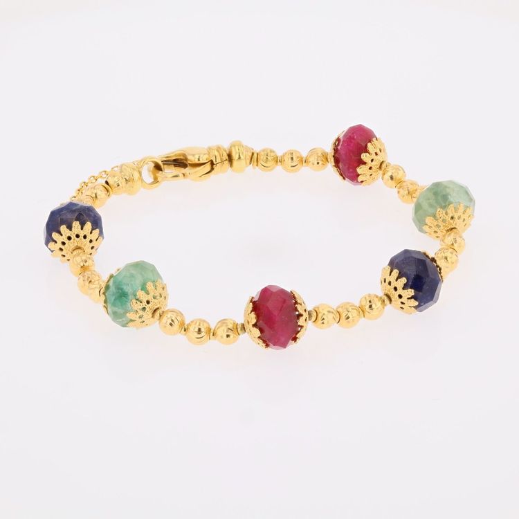Yellow Gold Bracelet With Ruby, Sapphire, And Emerald Beads