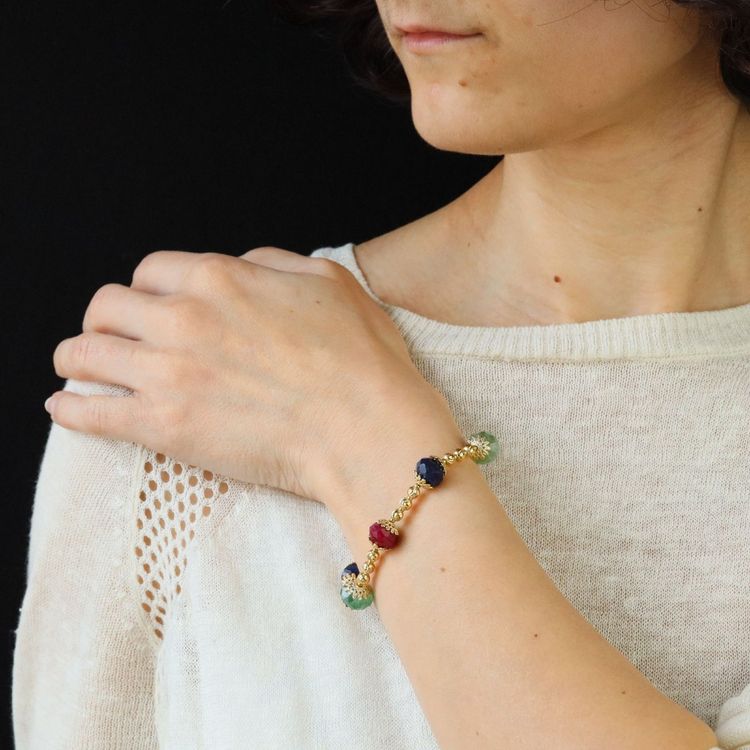 Yellow Gold Bracelet With Ruby, Sapphire, And Emerald Beads