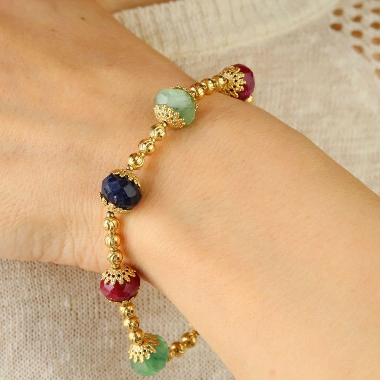 Yellow Gold Bracelet With Ruby, Sapphire, And Emerald Beads