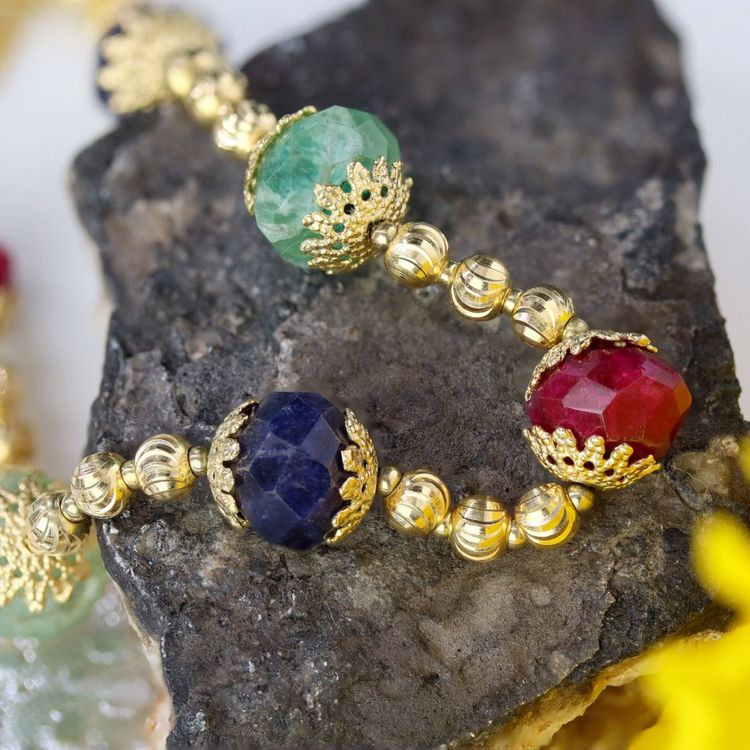 Yellow Gold Bracelet With Ruby, Sapphire, And Emerald Beads
