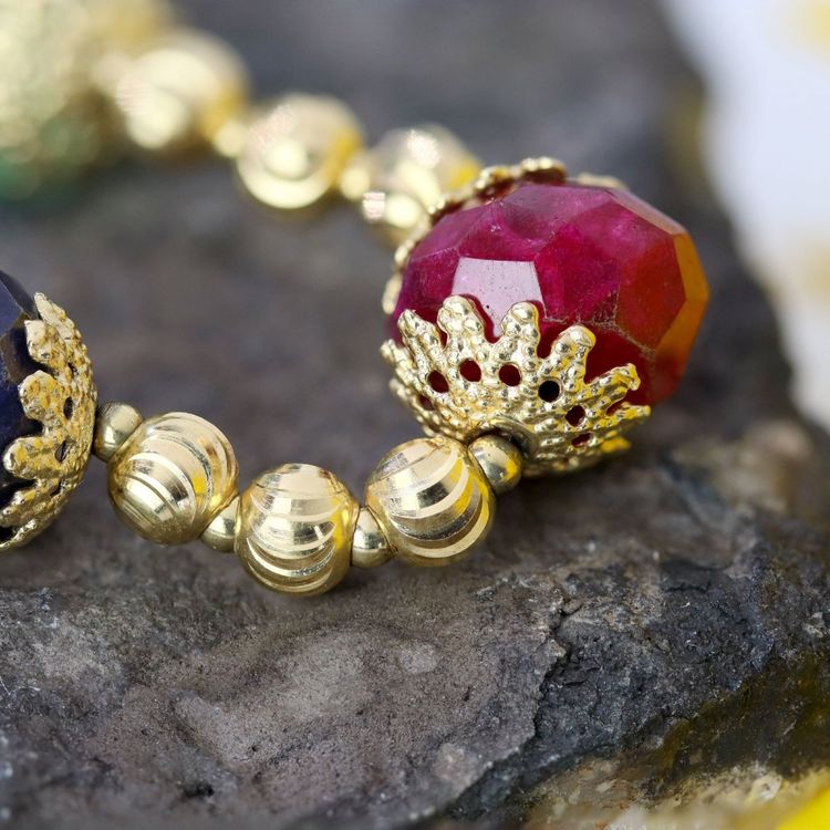 Yellow Gold Bracelet With Ruby, Sapphire, And Emerald Beads
