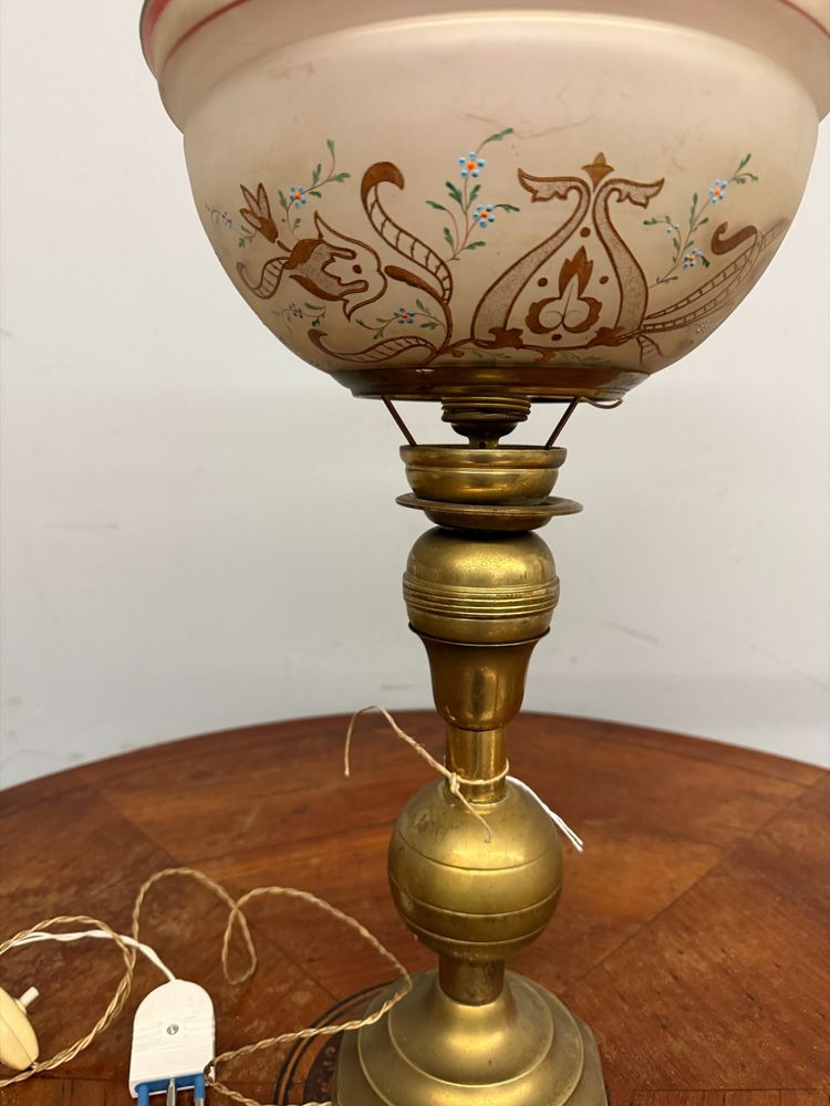 Antique bronze and painted glass oil lamp, Victorian 19th century, 62x30cm.