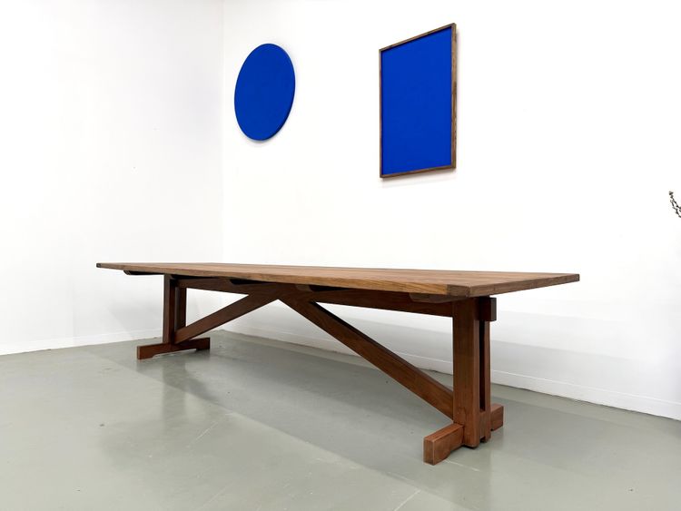 Large refectory table in solid pine and beech, X-shaped base, France, 1970s