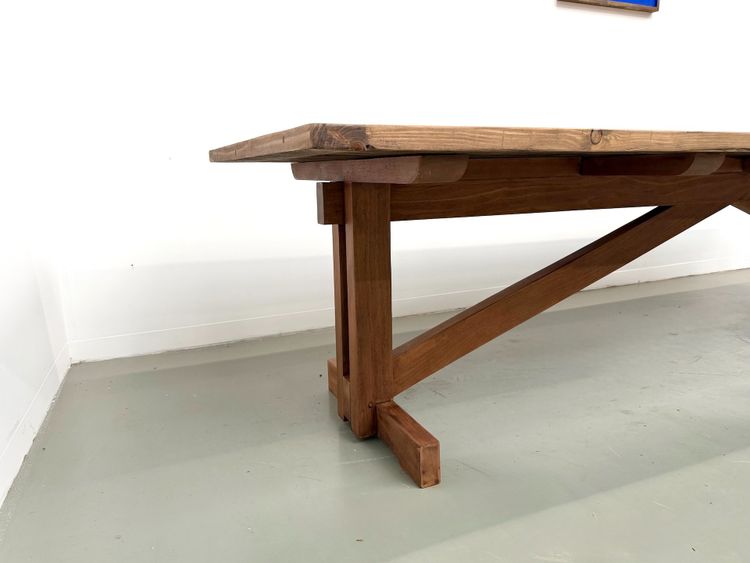 Large refectory table in solid pine and beech, X-shaped base, France, 1970s
