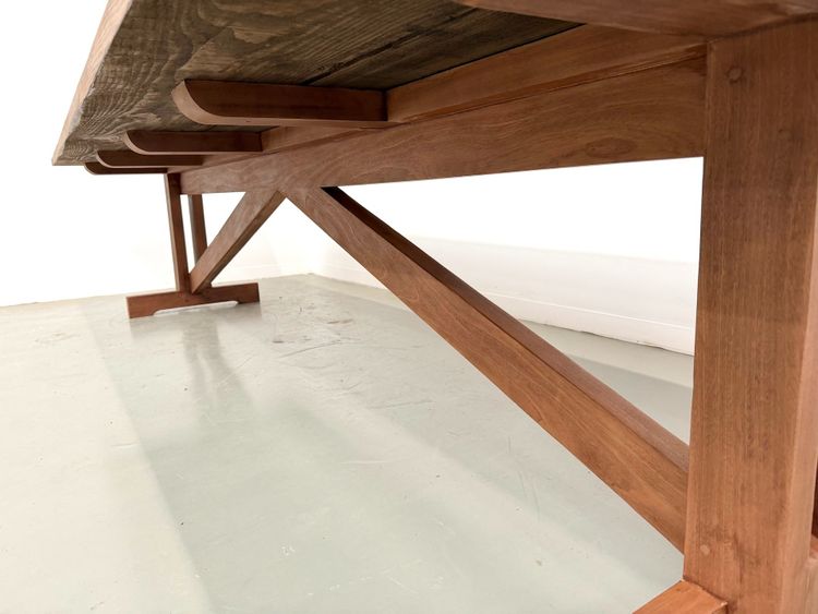 Large refectory table in solid pine and beech, X-shaped base, France, 1970s